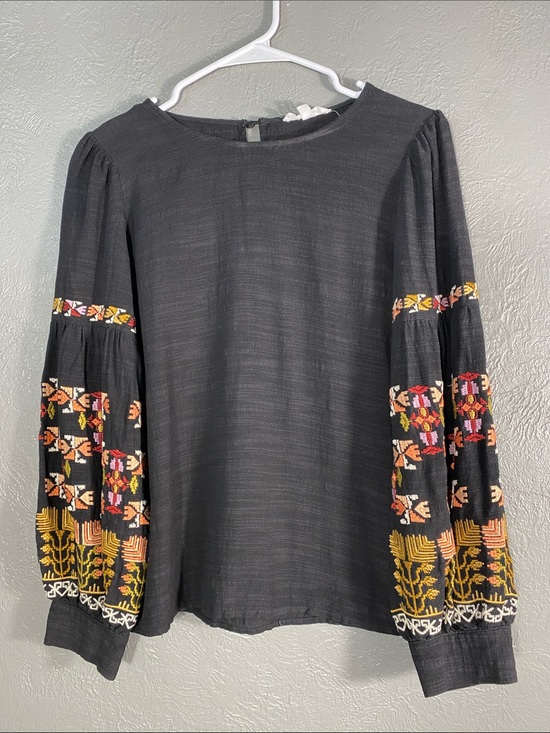 THML Tops - THML Embroidered Balloon Sleeve Top Womens S Black Cotton Rayon Boho Blouse